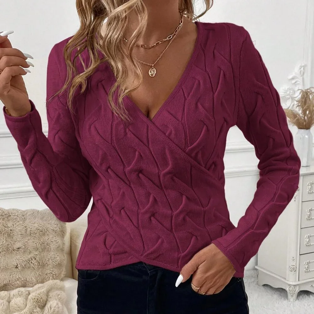 Burgundy Casual Women's Crossover Cable-Tie Elegant Sweater